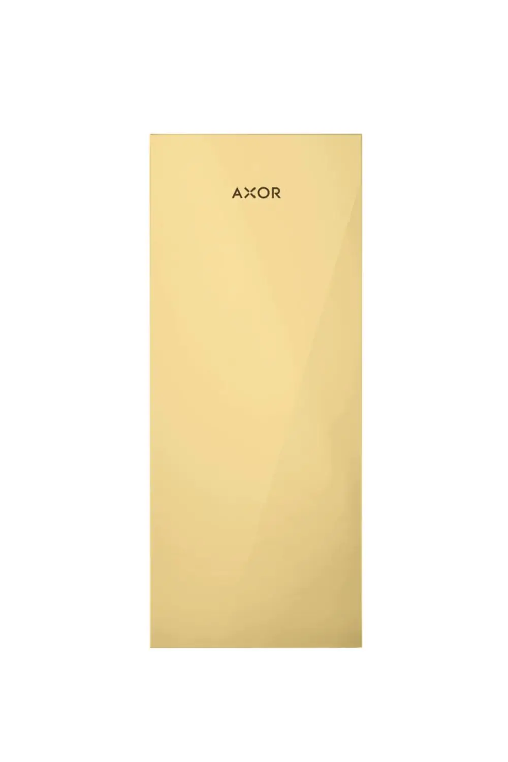 Goldene Platte mit hochglänzender Oberfläche, beschriftet mit "AXOR", auf weißem Hintergrund.